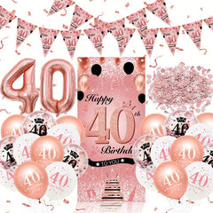 Rose Gold 40th Birthday Balloon Garland Kit with Banner and Poster