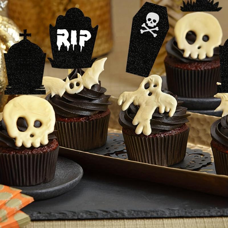 12pcs Halloween Tombstone Cake Topper RIP Ghost Skull Cake Placard
