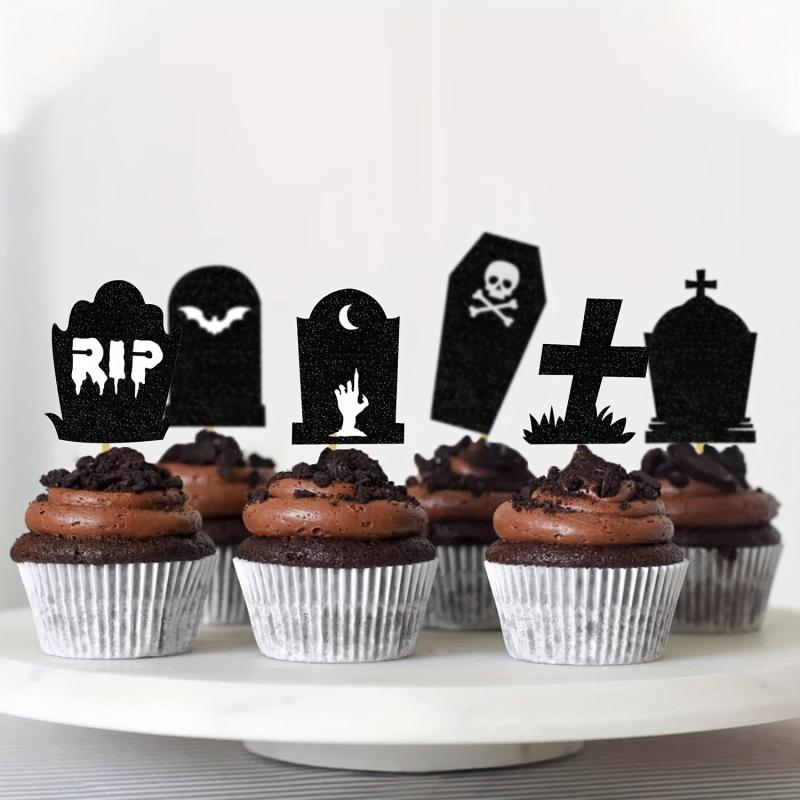 12pcs Halloween Tombstone Cake Topper RIP Ghost Skull Cake Placard