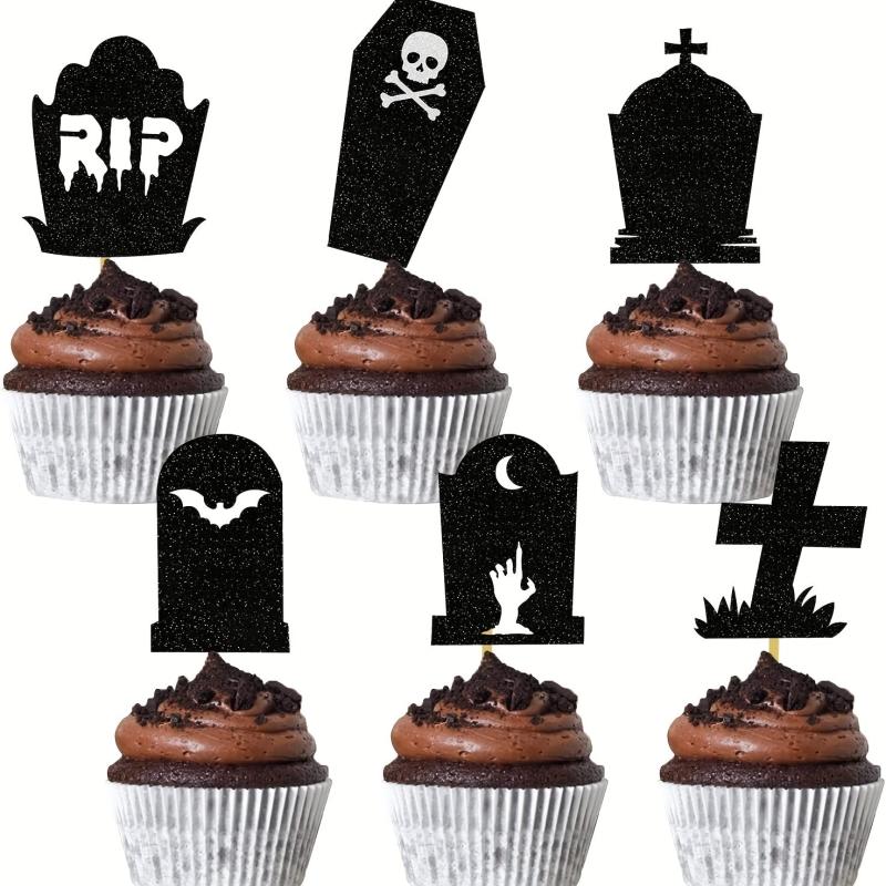 12pcs Halloween Tombstone Cake Topper RIP Ghost Skull Cake Placard