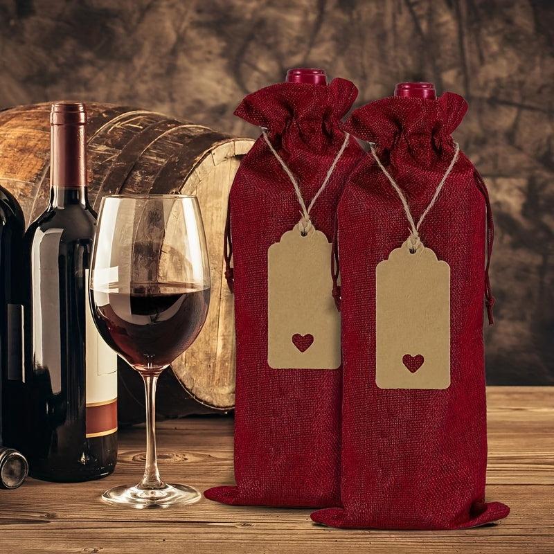 25pcs Burgundy Linen Wine Bag Tag Red Wine Packaging Drawstring Pocket