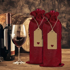 25pcs Burgundy Linen Wine Bag Tag Red Wine Packaging Drawstring Pocket