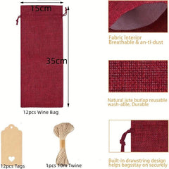 25pcs Burgundy Linen Wine Bag Tag Red Wine Packaging Drawstring Pocket