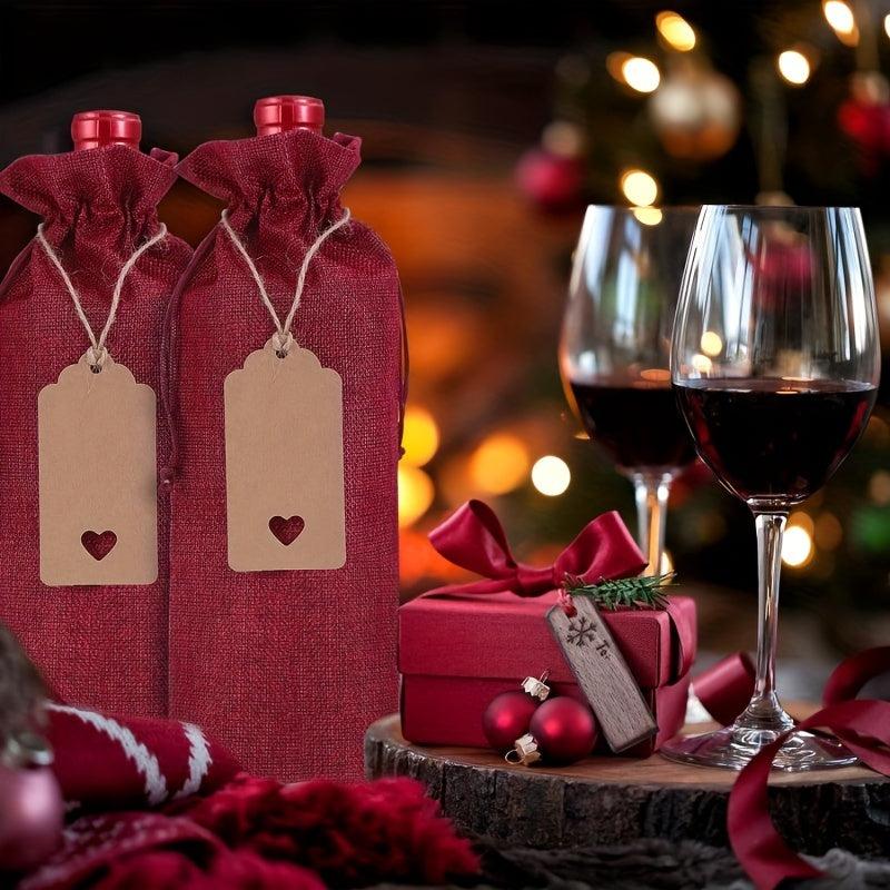 25pcs Burgundy Linen Wine Bag Tag Red Wine Packaging Drawstring Pocket