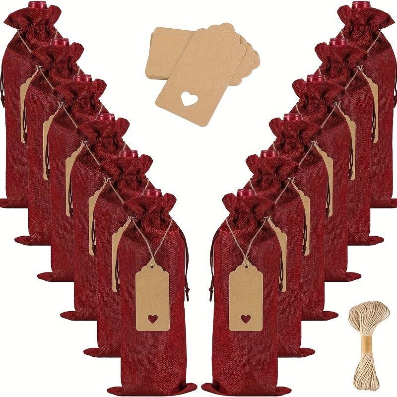 25pcs Burgundy Linen Wine Bag Tag Red Wine Packaging Drawstring Pocket
