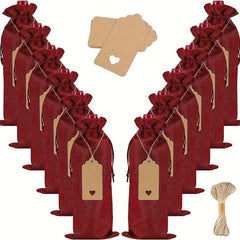 25pcs Burgundy Linen Wine Bag Tag Red Wine Packaging Drawstring Pocket