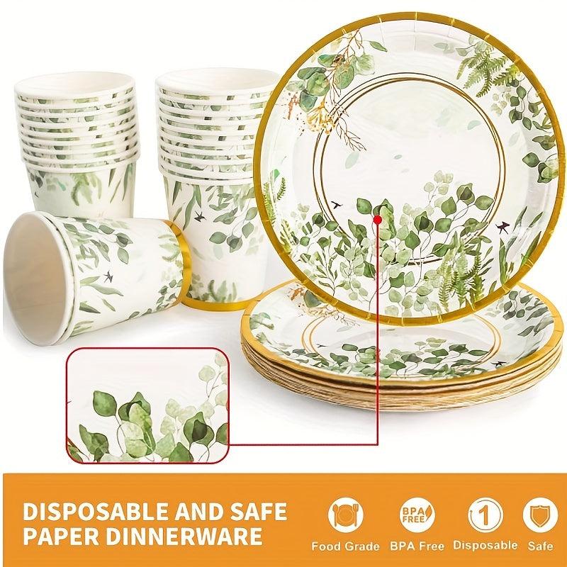 Disposable Green Golden Tableware Set Paper Cups Napkins Wedding Party Decor Sup