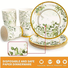Disposable Green Golden Tableware Set Paper Cups Napkins Wedding Party Decor Sup