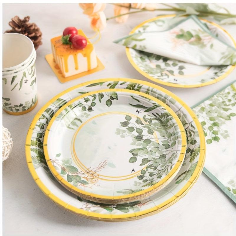 Disposable Green Golden Tableware Set Paper Cups Napkins Wedding Party Decor Sup
