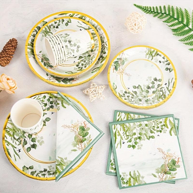 Disposable Green Golden Tableware Set Paper Cups Napkins Wedding Party Decor Sup