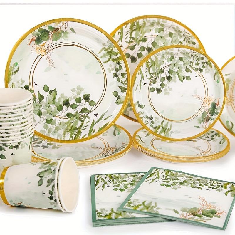 Disposable Green Golden Tableware Set Paper Cups Napkins Wedding Party Decor Sup