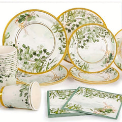 Disposable Green Golden Tableware Set Paper Cups Napkins Wedding Party Decor Sup