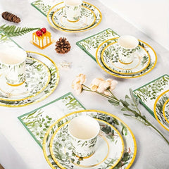 Disposable Green Golden Tableware Set Paper Cups Napkins Wedding Party Decor Sup