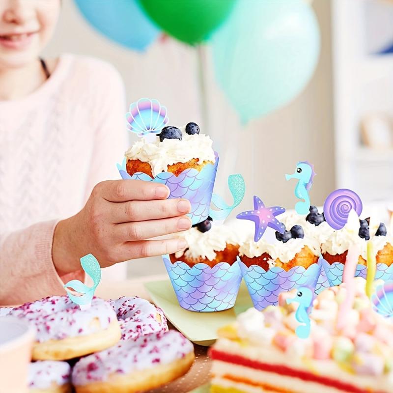 40pcs Mermaid Cupcake Wrapper Topper Set Mermaid Birthday Party Decorations