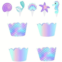 40pcs Mermaid Cupcake Wrapper Topper Set Mermaid Birthday Party Decorations
