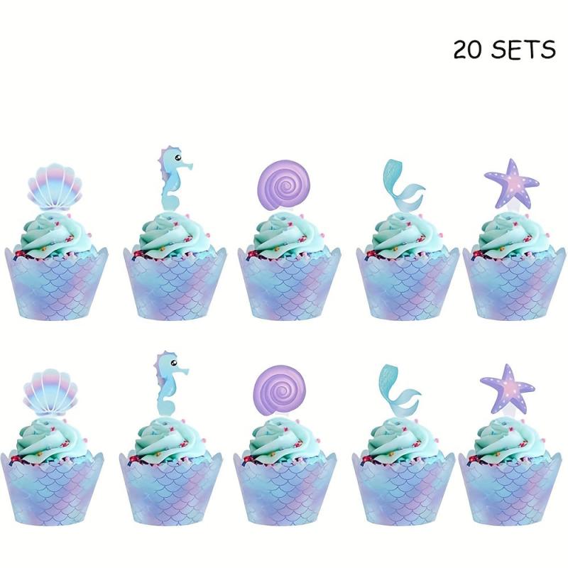 40pcs Mermaid Cupcake Wrapper Topper Set Mermaid Birthday Party Decorations