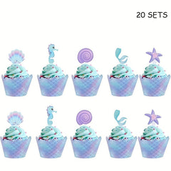 40pcs Mermaid Cupcake Wrapper Topper Set Mermaid Birthday Party Decorations