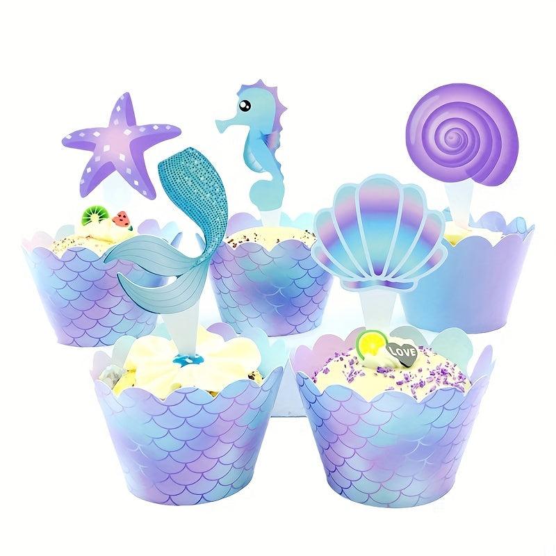 40pcs Mermaid Cupcake Wrapper Topper Set Mermaid Birthday Party Decorations