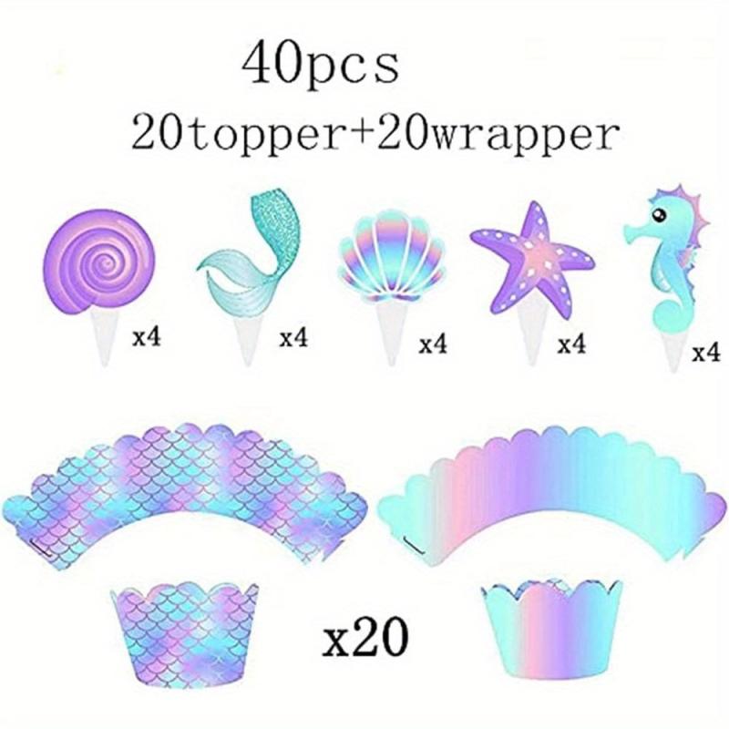 40pcs Mermaid Cupcake Wrapper Topper Set Mermaid Birthday Party Decorations