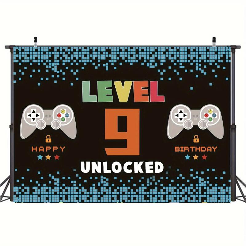 9th Birthday Video Game Party Banner & Level 9 Unlocked Photo Booth Background