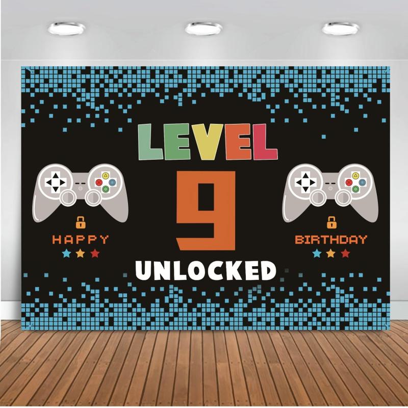 9th Birthday Video Game Party Banner & Level 9 Unlocked Photo Booth Background