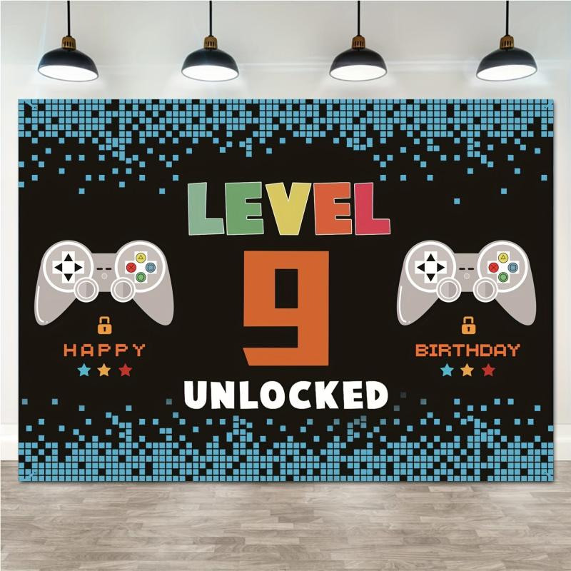9th Birthday Video Game Party Banner & Level 9 Unlocked Photo Booth Background