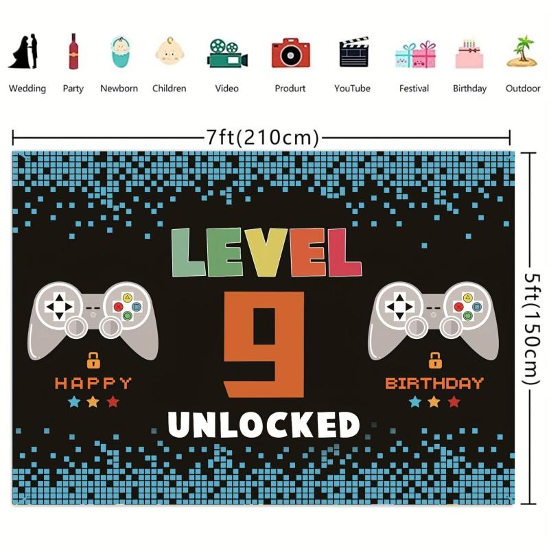 9th Birthday Video Game Party Banner & Level 9 Unlocked Photo Booth Background