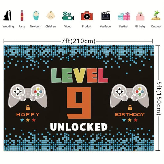 9th Birthday Video Game Party Banner & Level 9 Unlocked Photo Booth Background