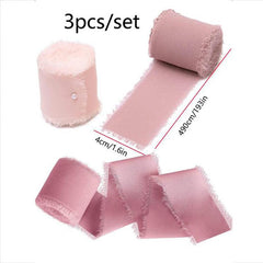 3 Rolls High Tassel Chiffon Silk Ribbon Pink Cream Colored