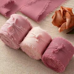 3 Rolls High Tassel Chiffon Silk Ribbon Pink Cream Colored