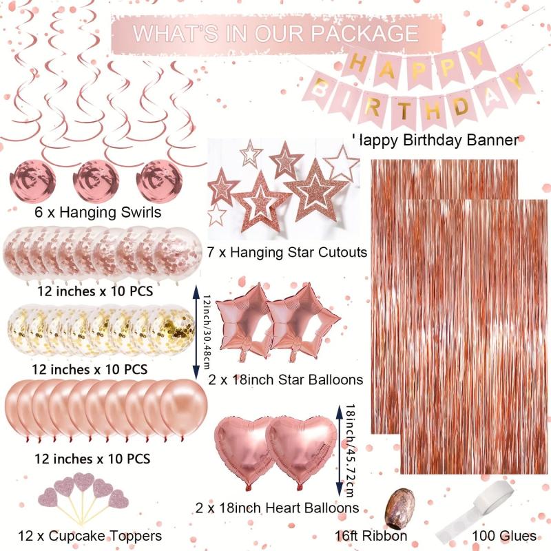 Rose Golden Birthday Party Decorations - Happy Birthday Banner, Tassel Curtains