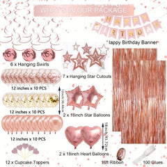 Rose Golden Birthday Party Decorations - Happy Birthday Banner, Tassel Curtains