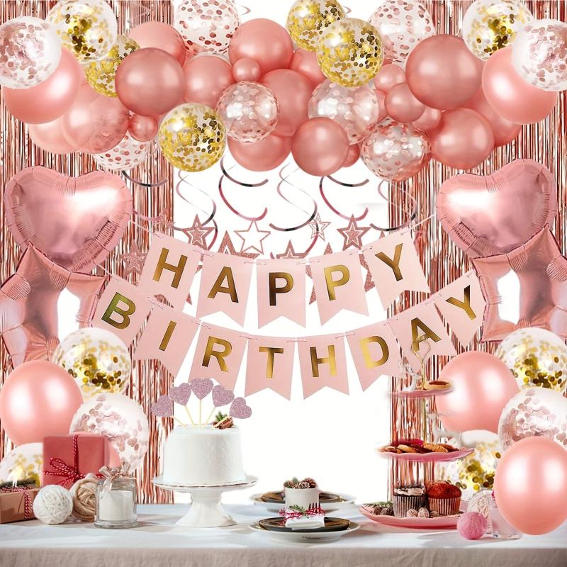 Rose Golden Birthday Party Decorations - Happy Birthday Banner, Tassel Curtains