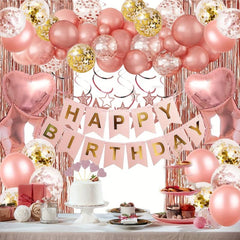 Rose Golden Birthday Party Decorations - Happy Birthday Banner, Tassel Curtains