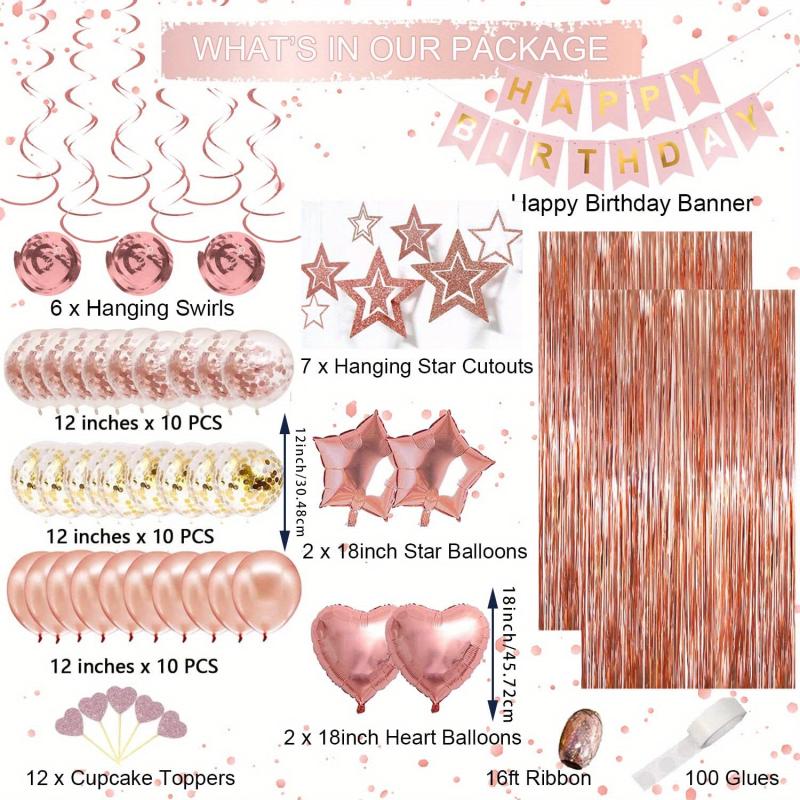 Rose Golden Birthday Party Decorations - Happy Birthday Banner, Tassel Curtains