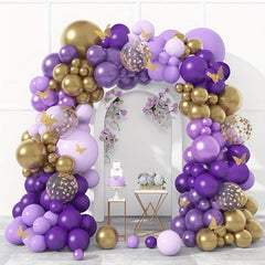 127pcs Butterfly Purple Golden Confetti Balloon Chain Garland Arch Kit