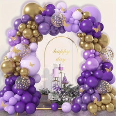 127pcs Butterfly Purple Golden Confetti Balloon Chain Garland Arch Kit