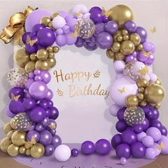 127pcs Butterfly Purple Golden Confetti Balloon Chain Garland Arch Kit