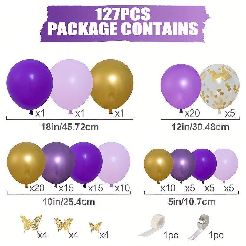 127pcs Butterfly Purple Golden Confetti Balloon Chain Garland Arch Kit