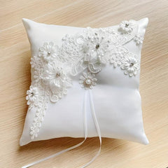 Lace Ring Pillow with Pearls and Rhinestones for Weddings and Parties