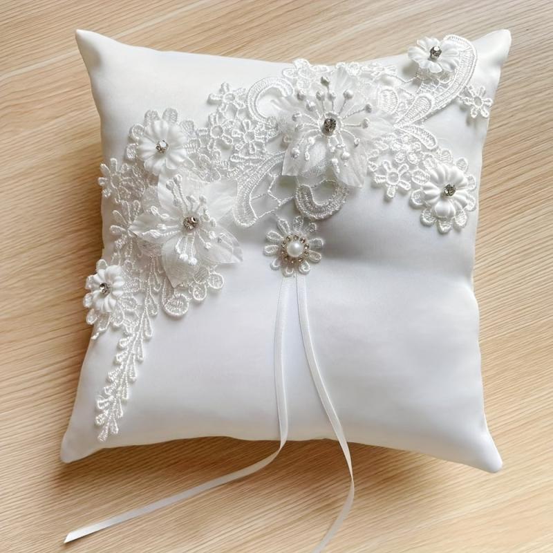 Lace Ring Pillow with Pearls and Rhinestones for Weddings and Parties