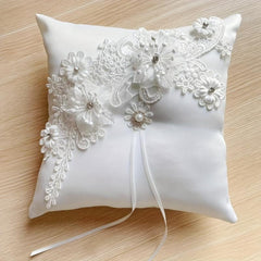 Lace Ring Pillow with Pearls and Rhinestones for Weddings and Parties