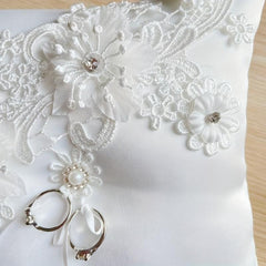 Lace Ring Pillow with Pearls and Rhinestones for Weddings and Parties