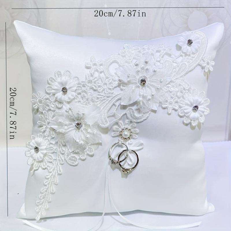 Lace Ring Pillow with Pearls and Rhinestones for Weddings and Parties