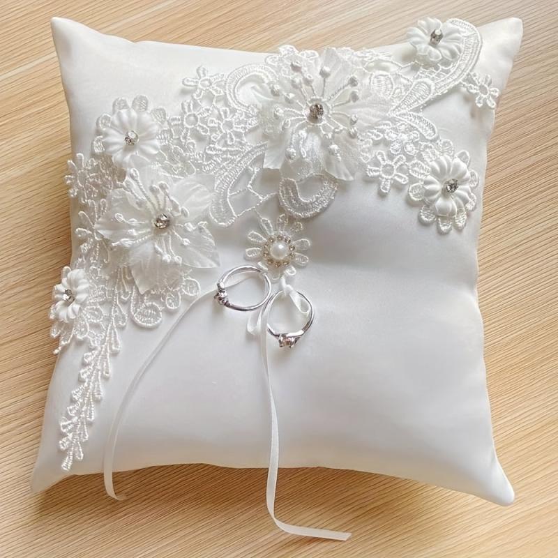 Lace Ring Pillow with Pearls and Rhinestones for Weddings and Parties