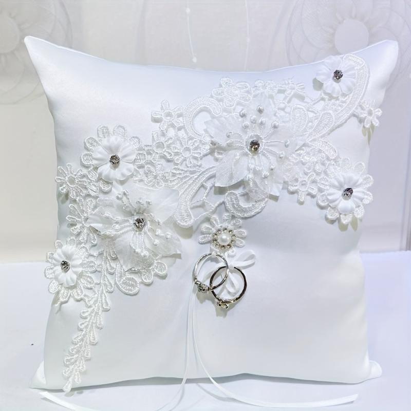 Lace Ring Pillow with Pearls and Rhinestones for Weddings and Parties