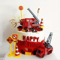 4pcs Fire Truck Cake Topper Set for Birthday Parties and Small