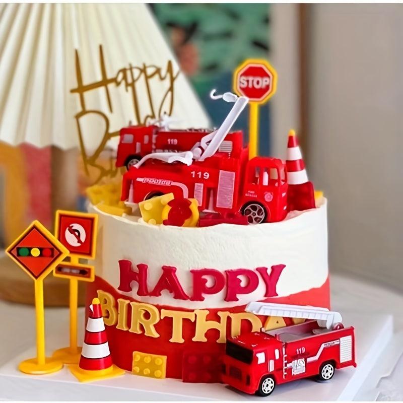 4pcs Fire Truck Cake Topper Set for Birthday Parties and Small