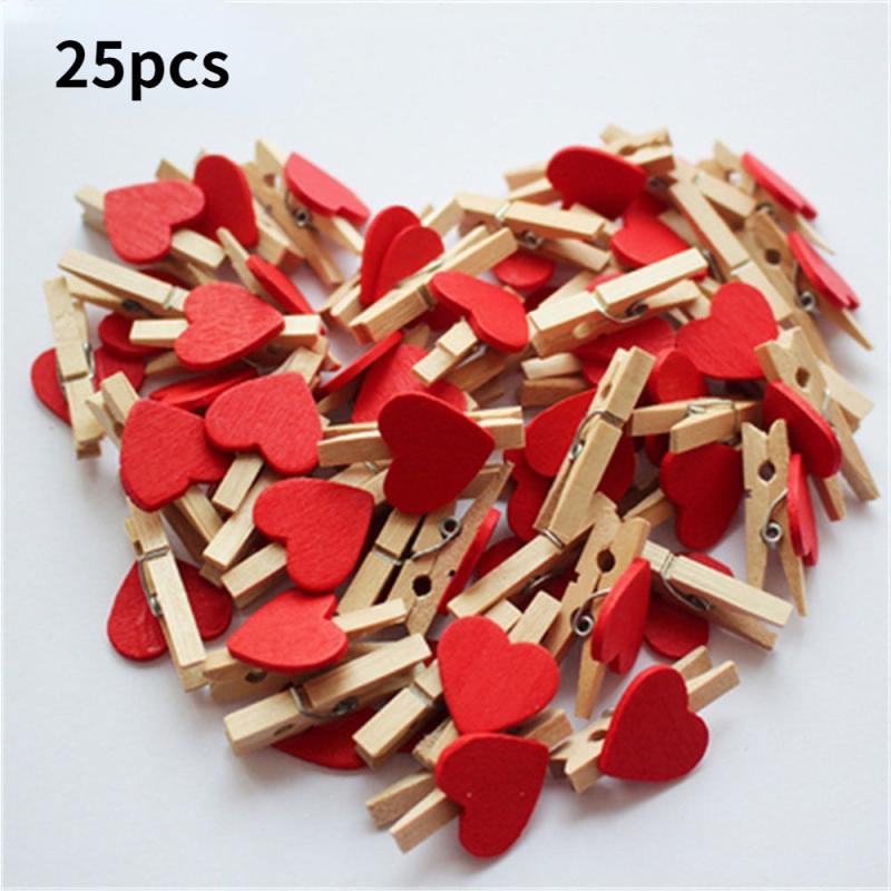 25pcs Red Heart Love Wooden Clothes Pegs Mini Clothespin Postcard Clips