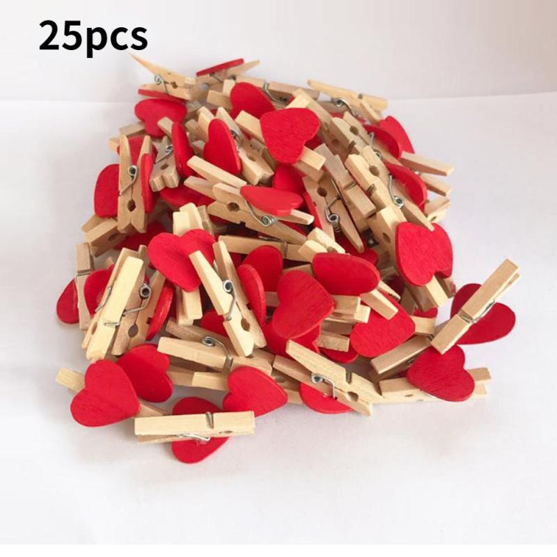 25pcs Red Heart Love Wooden Clothes Pegs Mini Clothespin Postcard Clips